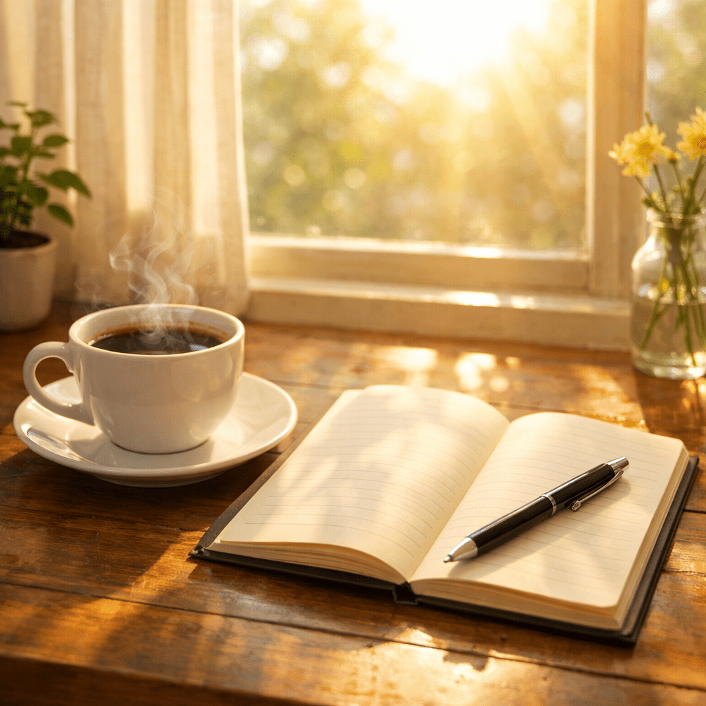 Steaming cup of coffee on saucer beside an open lined journal with a black pen on a wooden table with sunlight coming through a window
