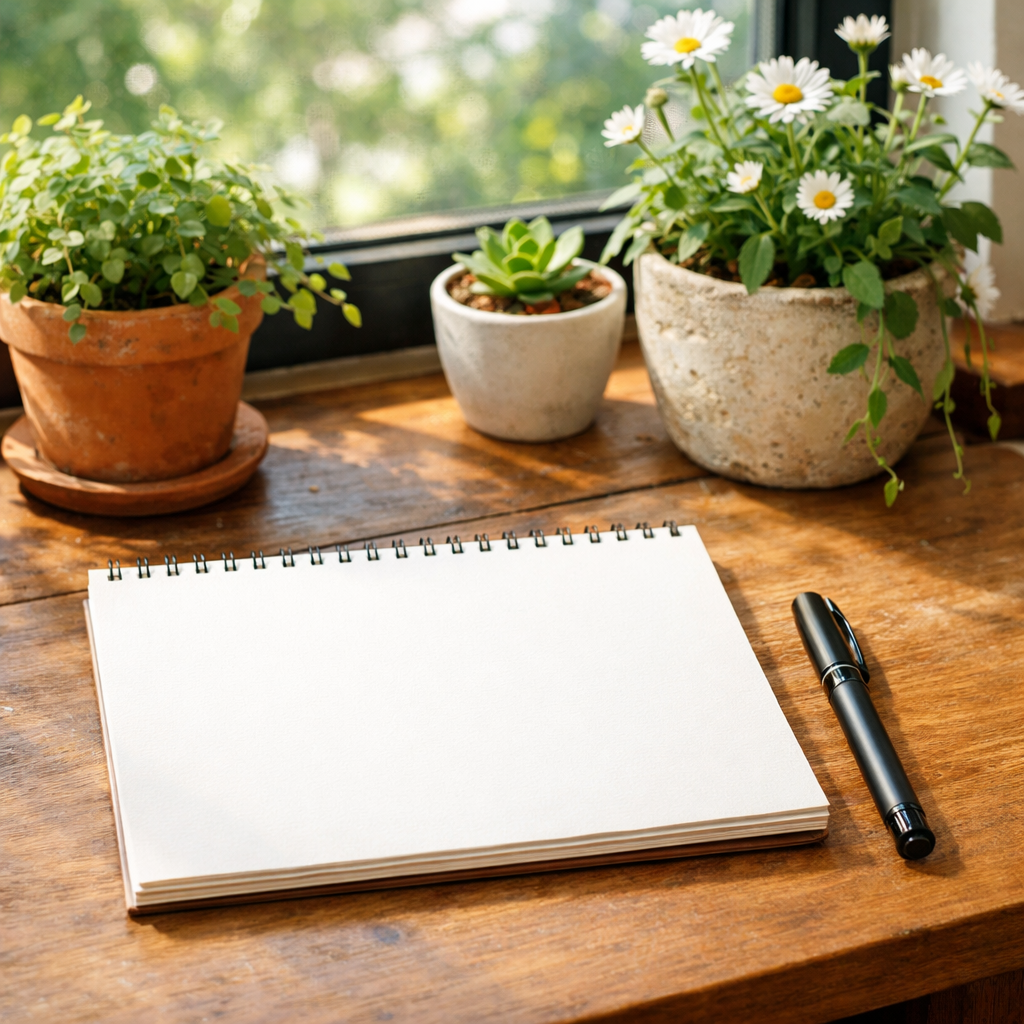 Blank spiral sketchbook and pen on wooden desk with green plants and daisies near window
