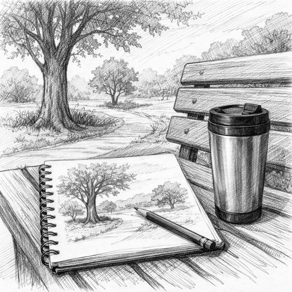 Sketchbook on bench showing pencil drawing of a tree and path, with pencil and travel mug nearby