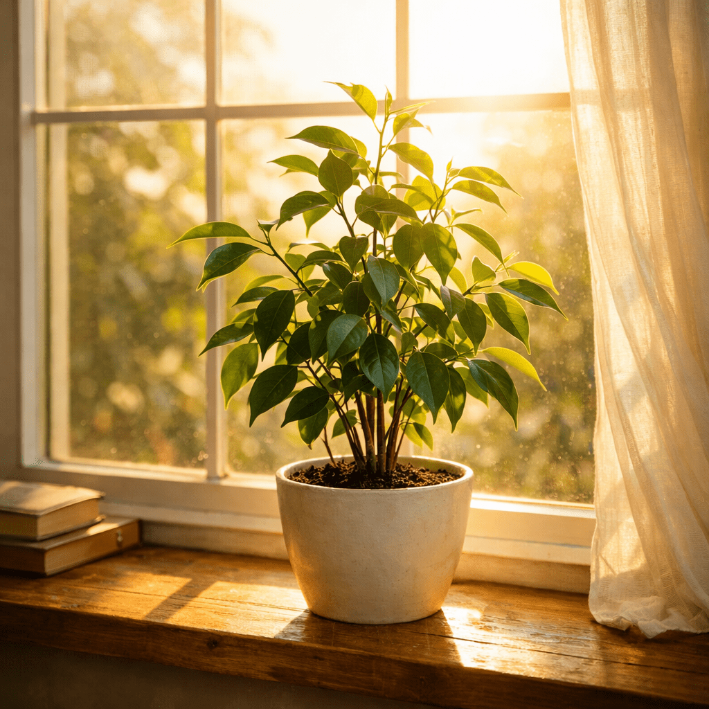 Green leafy plant in white pot on wooden windowsill with sunlight