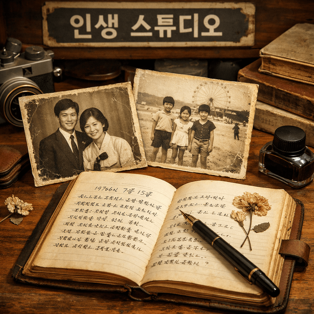 Open diary with handwritten Korean text, vintage family photos, camera, ink bottle, and dried flowers on wood table