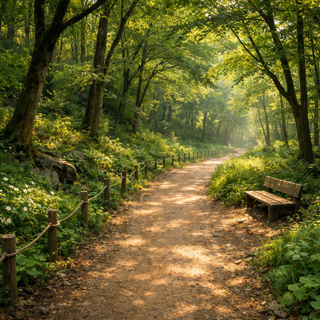 Forest path with wooden bench and sunlight filtering through green trees