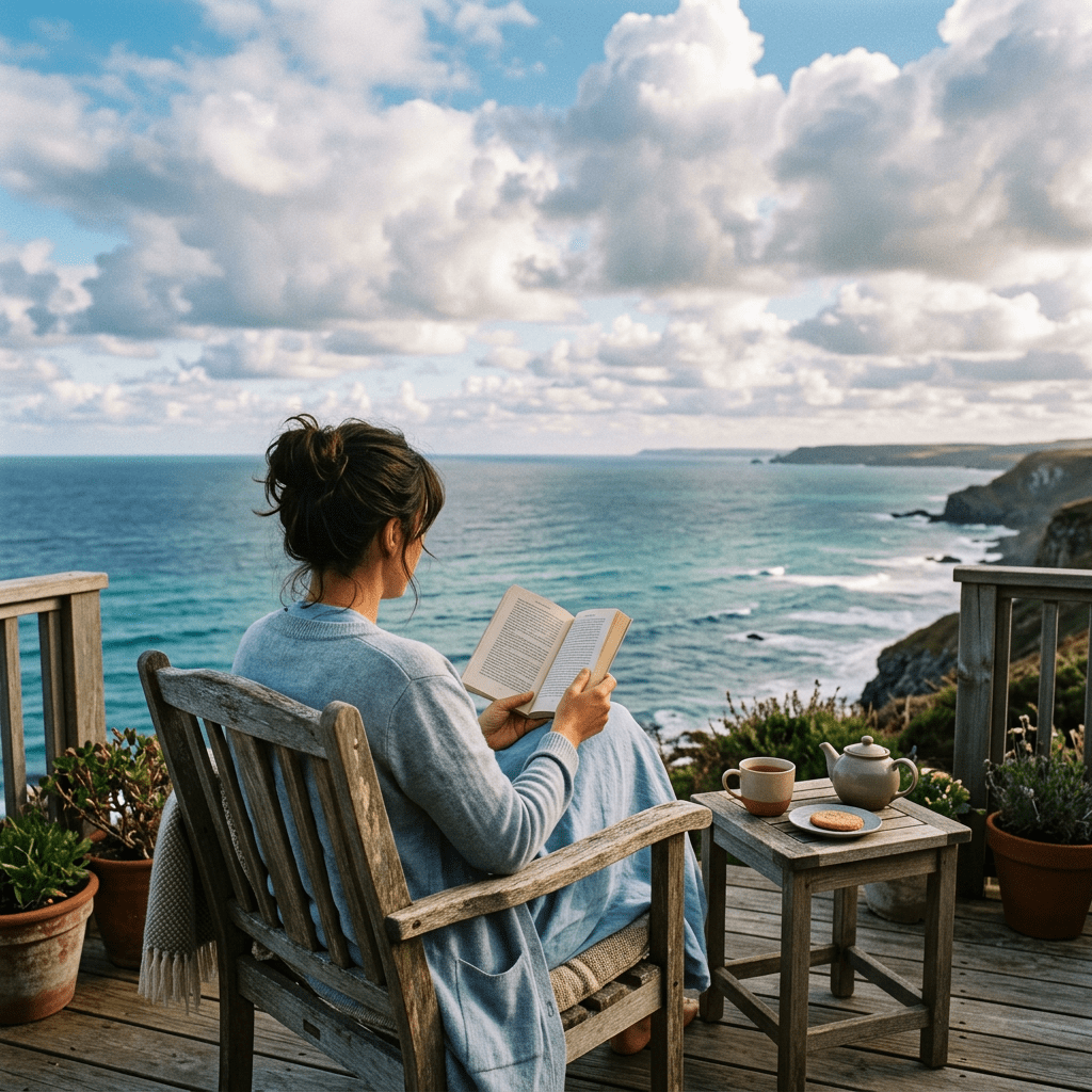 Woman reading book on wooden chair beside table with tea and cookie overlooking ocean coastline