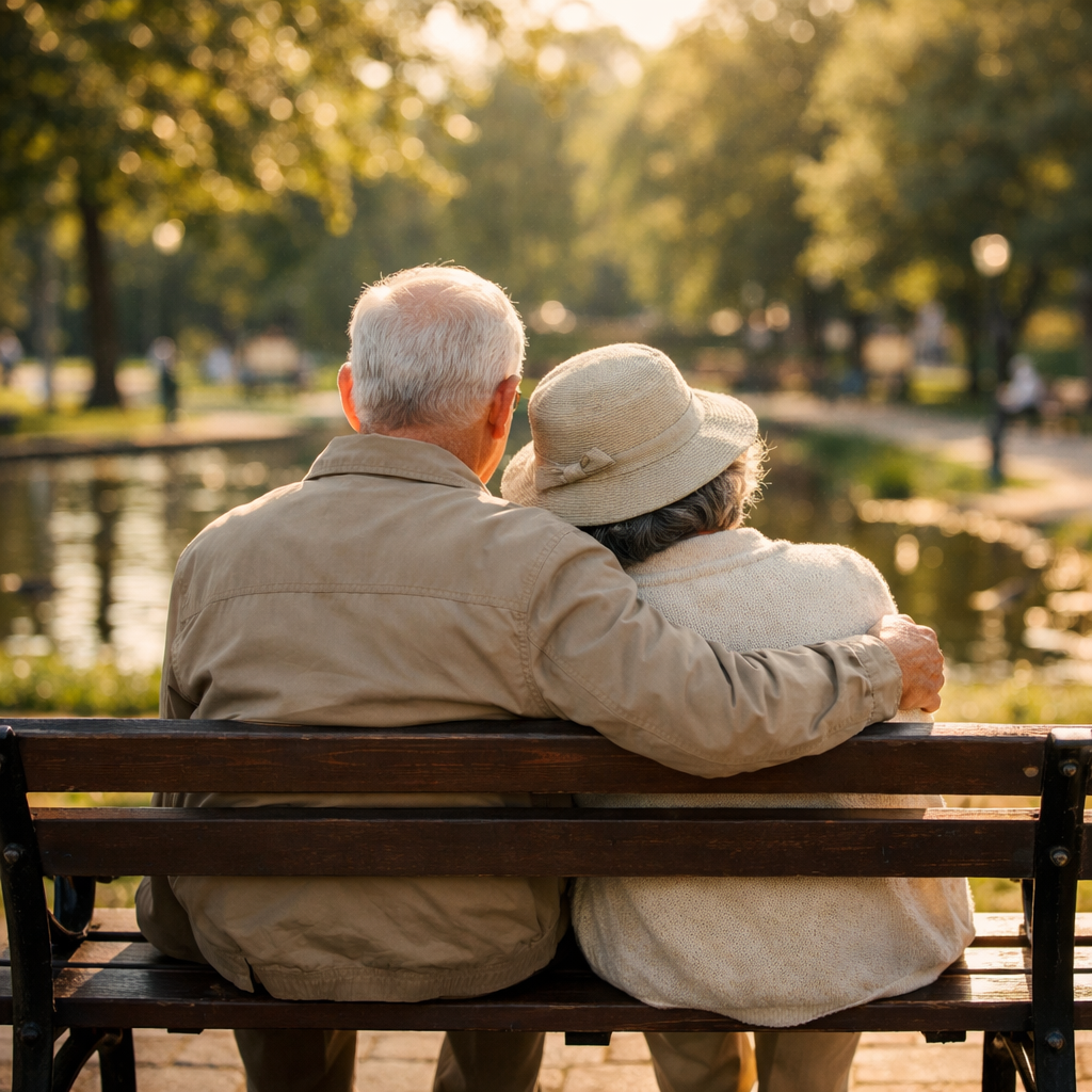 Elderly man and woman sitting on a bench by the pond, man embracing woman